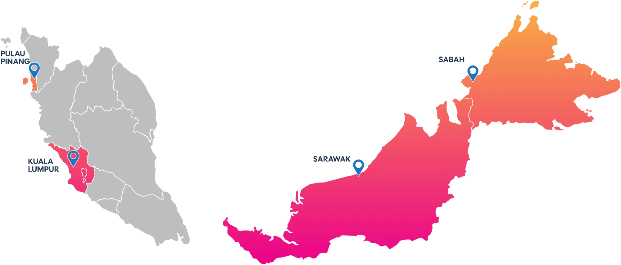 Map of Malaysia marking Teepham stocking locations at Penang, Kuala Lumpur, Sarawak and Sabah