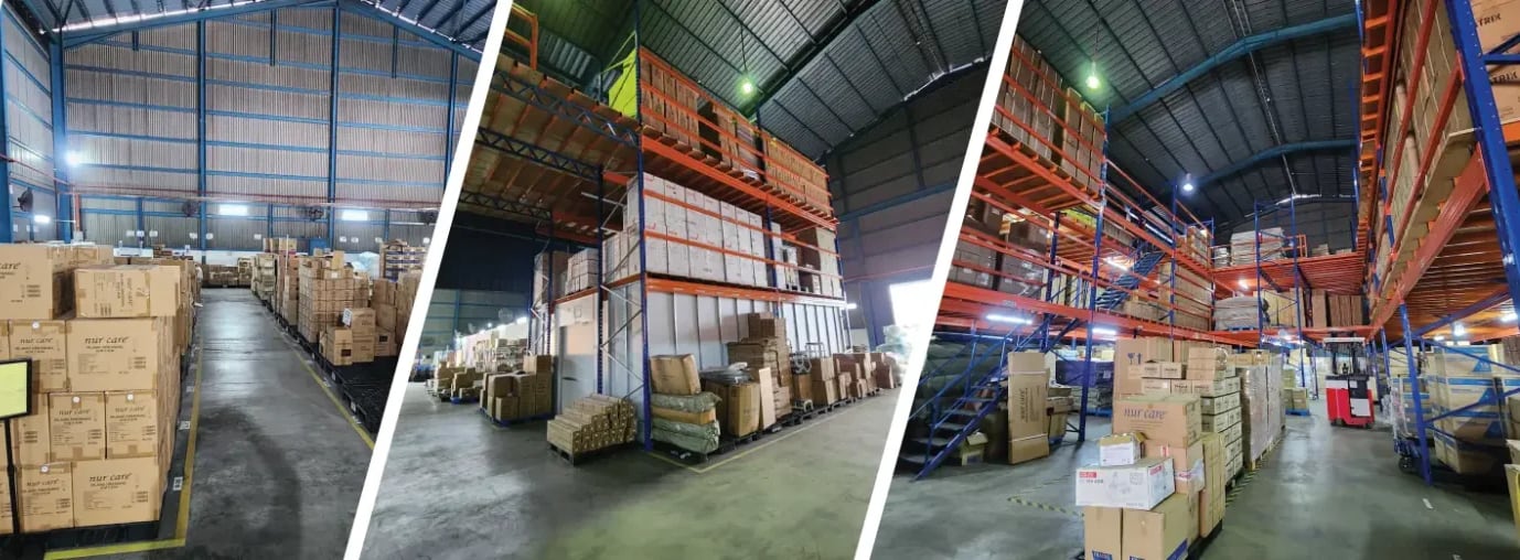 Three views inside a Teepham warehouse: palletised nur care cartons, high pallet racking and a mezzanine floor above the despatch area